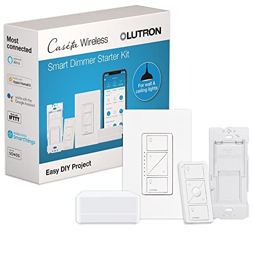 Lutron Caseta Original Smart Dimmer Switch Kit w/ Hub, with Pico Remote, Wallmount Bracket, & Smart Hub, Works with Alexa, Apple Home, Google Home, 3 Way, 150W, No Neutral Req, P-BDG-PKG1W-A
