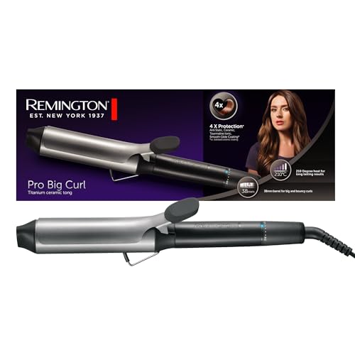 (-35%) Remington Lockenstab große Locken [38mm] Pro Big Curl (4-facher Schutz, antistatischer Keramik-Turmalin-Beschichtung) Digitales-Display bis 210°C, mit Klemme, natürliche Wellen, Schwarz, CI5538