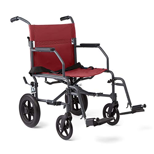 Medline Basic Steel Transport Chair - Full-Length Arms, Swing-Away Footrests, 12" Wheels - Gray/Burgundy - Durable & Convenient Mobility Aid
