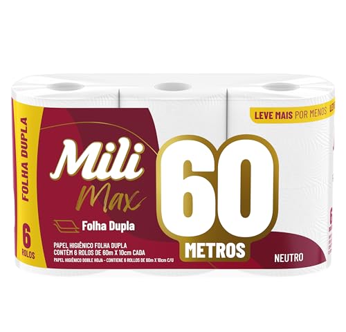 Mili Papel Higiênico Folha Dupla Max Neutro, Picotado e Texturizado, 6 Rolos de 60 metros