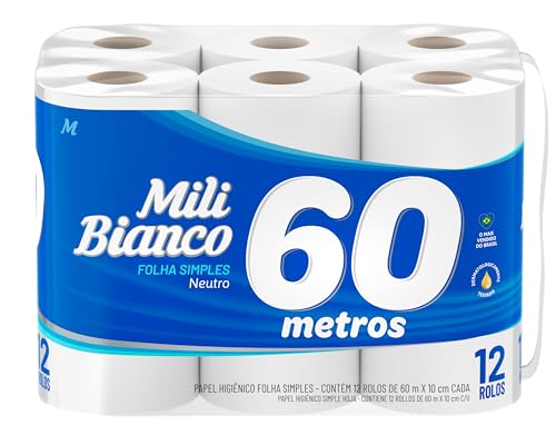 Mili Papel Higiênico Folha Simples Bianco Neutro, Picotado e Texturizado, 12 Rolos de 60 metros