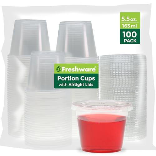 Freshware Plastic Portion Cups with Lids [5.5 Ounce, 100 Sets] Souffle Cups, Jello Shot Cups, Condiment Sauce Containers For Sampling, Sauce, Snack or Dressing