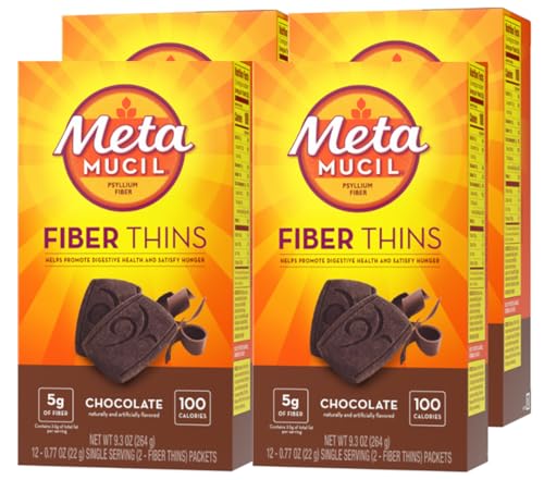 Metamucil, Fiber Thins, Daily Psyllium Husk Fiber Supplement, Supports Digestive Health and Satisfies Hunger, Chocolate Flavor, 48 Total Servings (4 Packs of 12)