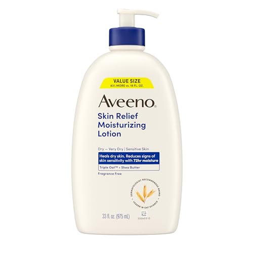 Aveeno Skin Relief Moisturizing Lotion for Very Dry, Itchy, Dry Skin, Body Moisturizer, Soothing Triple Oat & Shea Butter, Fragrance-Free, Non-Greasy, 33 fl oz
