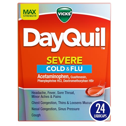 Vicks DayQuil Severe Cold, Flu & Congestion Medicine, Liquicaps, Maximum Strength Orange, 24 Count
