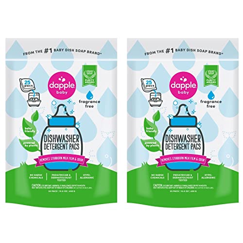 Dapple Baby Dishwasher Pacs, Hypoallergenic Dishwasher Pods Powered by Plants, Removes Milk Residue & Odor on Dishes, Baby Bottles & Kitchenware, Fragrance Free, 50 count