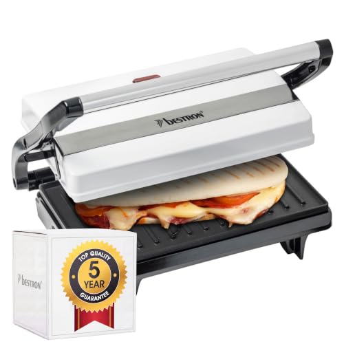 (-41%) Bestron Kontaktgrill mit Auffangschale, Sandwichmaker mit Cool-Touch-Handgriff, Paninimaker mit Antihaftbeschichtung, 700 Watt, APM123W, Farbe: Weiß