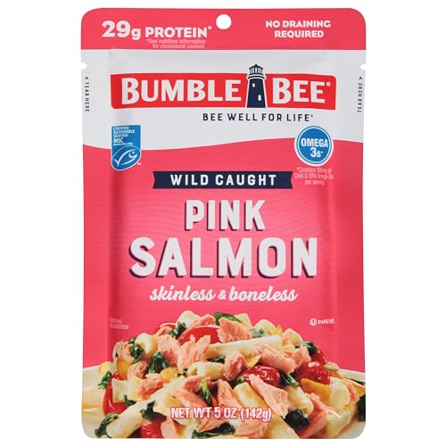 Bumble Bee Skinless & Boneless Pink Salmon, 5 oz Pouch - Premium Wild Caught Salmon for Snacks, Sandwiches & Recipes - 29g Protein per Serving - Gluten Free, Kosher, MSC Certified
