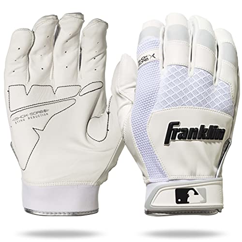 Franklin Sports MLB Baseball Batting Gloves - Shok-Sorb X Batting Gloves for Baseball + Softball - Adult + Youth Padded Non-Sting Pairs - White - Adult Small