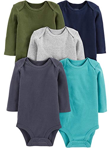 Simple Joys by Carter's Baby Boys' 5-Pack Long-Sleeve Bodysuit, Blue/Grey Heather/Navy/Olive/Washed Navy, 3-6 Months