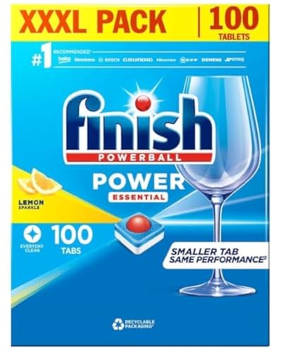 Finish 100 Tablets Powerball Dishwasher Tablets | 3-in-1 Fast Dissolving Chambers | Tough on Grease, Burnt-On & Dried-On Stains | Deep Cleaning & Spar