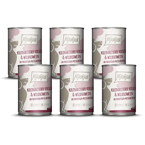 🔥 STARKER PREIS (-48%) MjAMjAM - Premium Nassfutter für Hunde - kulinarischer Hirsch & Wildschwein an Preiselbeeren, 6er Pack (6 x 400 g), getreidefrei mit extra viel Fleisch