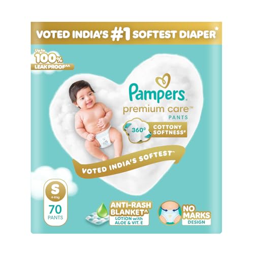Premium Care Pant Style Baby Diapers | Small (S size) | 70 Count | Voted India's Softest | All-in-1 with 360 Cottony Softness Diapers | 4-8kg