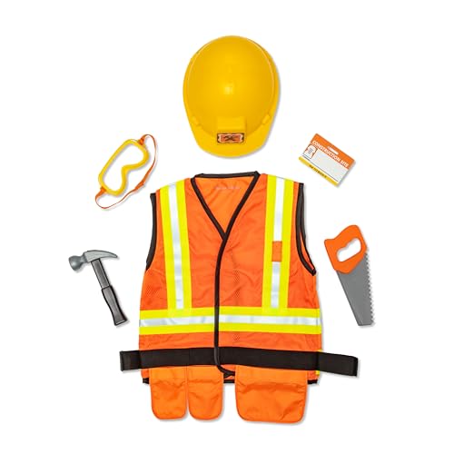Melissa & Doug Construction Worker Costume Dress-Up Set for Kids (6-Piece) – Pretend Play Outfit with Tools & Safety Vest – Role Play Toys for Boys & Girls Ages 3+