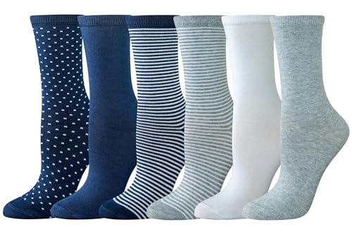 Amazon Essentials Women's Crew Socks, Cotton, 6 Pairs, Multicolor/Dots/Solid Colors/Stripe, 8-12