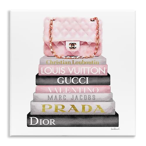 Stupell Industries Watercolor High Fashion Bookstack Padded Pink Bag Wall Plaque Art, 12 x 12, Pink, for Bedroom