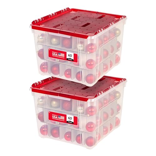 IRIS USA Ornament Storage Box with Attached Lid, Stores 75 Ornaments per Bin, 2-Pack, Stackable Durable Christmas Storag
