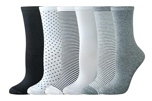 Amazon Essentials Women's Crew Socks, Cotton, 6 Pairs, Multicolor/Dots/Solid/Thin Stripe, 6-9