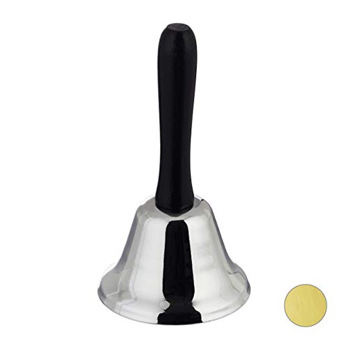 Relaxdays Loud Table & Hand Bell, Office Desk Call Bell with Wooden Handle, Christmas, Desk Bell, 12 cm, Silver