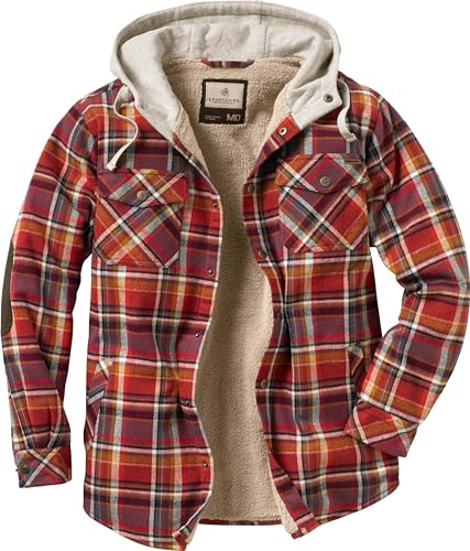 Legendary Whitetails Men's Standard Hooded Shirt Jacket Plaid Flannel Berber Lined Polyfill Insulated, Cardinal Arrowood, Medium