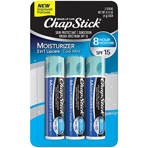 ChapStick Moisturizer 2-in-1 Lipcare SPF 15, Cool Mint, 3-Pack – Sunscreen Lip Balm with Aloe Vera and Vitamin E, 0.15 Ea