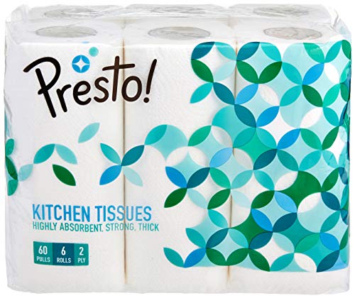 Amazon Brand - Presto! 2 Ply Kitchen Tissue Rolls | 360 Pulls | 60 Kitchen Towels X 6 Rolls | Soft And Highly Absorbent | 100% Natural Virgin Cellulos