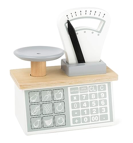 Small Foot 11201 Wooden Scale with weighing pan and movable pointer, teaches numbers and weights, for play stores