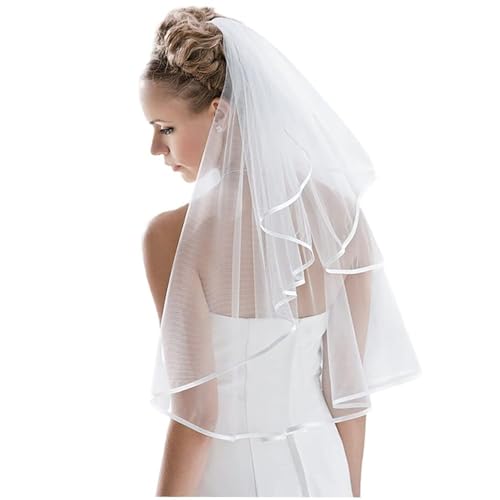 Nanchor Bridal Veil Women's Simple Tulle Short Wedding Veil Ribbon Edge with Comb for Wedding Bachelorette Party (White)