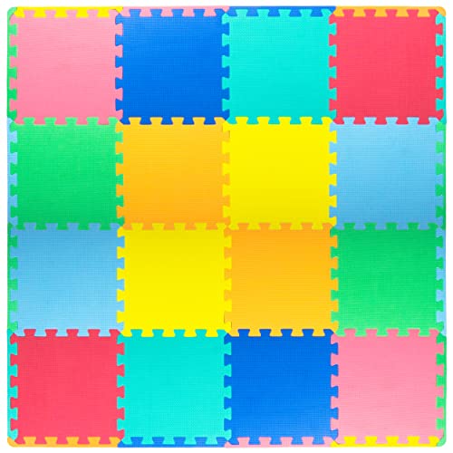 ProSource Foam Puzzle Floor Play Mat for Kids and Babies with Solid Colors, 36 or 16 Interlocking Tiles with Borders, Assorted