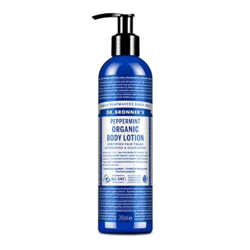 Dr. Bronner's Organic Peppermint Hand and Body Lotion, Made with Organic Oils, Used for Face and Body, Certified Fair Trade & Vegan Friendly, 236ml Recycled Bottle