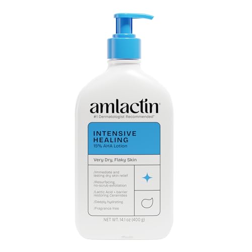AmLactin Intensive Healing Body Lotion for Dry Skin, 14.1 oz Pump Bottle, 2-in-1 Exfoliator & Moisturizer with Ceramides & 15% Lactic Acid for Relief from Dry Skin (Packaging May Vary)