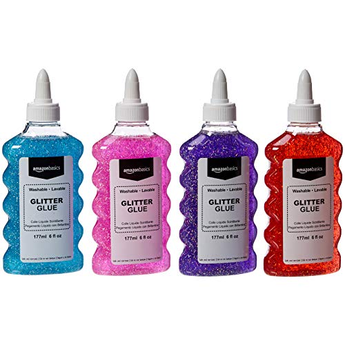 Amazon Basics Liquid Washable Glitter Glue, Assorted Colors (Purple Pink Red Blue), 177ml, 6 oz Each, 4-Count