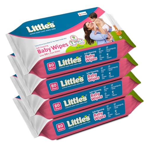 Little's Soft Cleansing Baby Wipes with Aloe Vera, Jojoba Oil and Vitamin E (80 wipes) pack of 4