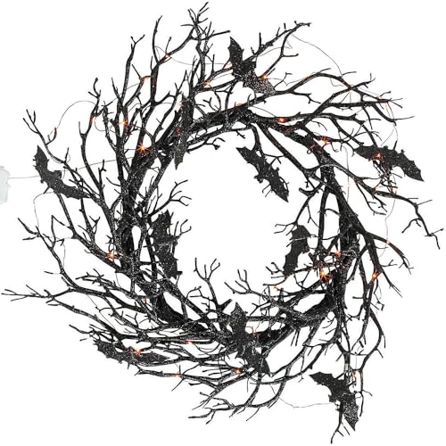 Fun Express Halloween Wreath 26" Light Up Black Bat Twig Wreath for Front Door - Spooky Gothic Outdoor Halloween Decorations with LED Lights | Premium Plastic Construction for Porch & Entryway Decor
