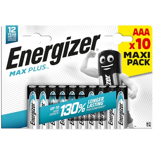 Energizer Max Plus - AAA Batteries (10 Pack) - Triple A Performance Alkaline Battery 1.5V - 130 Percent Longer Lasting - For High Drain Devices - 0 Plastic Packaging - 12 Year Shelf Life