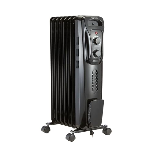 Amazon Basics Portable Oil Radiator Heater for Indoor Use, 3 Heat Settings, Over-Heat Protection, ETL-certified Safety, 7 Oil-Filled Steel Fins, 1500W, 11"D x 14.8"W x 25.2"H, Black