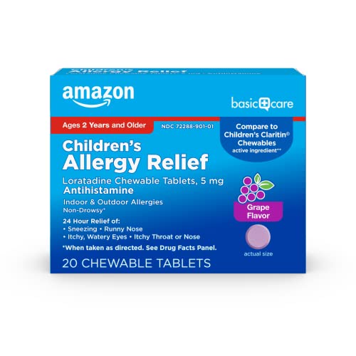 Amazon Basic Care Children's Allergy Relief, Loratadine Chewable Tablets, 5 mg, Grape Flavored, Ages 2 and up, 20 Count