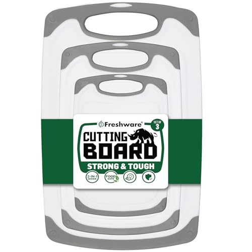 Freshware Cutting Boards for Kitchen, Chopping Board 3-Pack with Different Sizes, Juice Grooves and Non Slip Handles - Reversible, Large Cutting Board Set - Dishwasher Safe - Gray