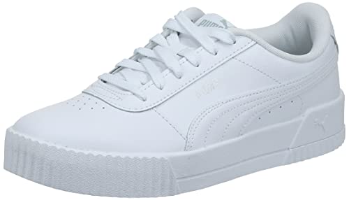 PUMA Womens Carina Leather Sneaker, White Silver, 8