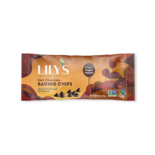 Dark Chocolate Chips by Lily's | Stevia Sweetened, No Added Sugar, Low-Carb, Keto Friendly | 55% Cocoa | Fair Trade, Gluten-Free & Non-GMO | 9 ounce, 3-Pack, Brown, 4001A3