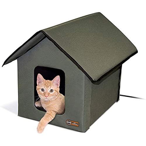 K&H Heated Cat House, Outdoor Kitty Shelter, Safety Listed, 20W, Olive | Heated Cat House for Outside, Weatherproof Shelter for Ferals, Insulated with Smart Thermostat, 2 Doors, Waterproof Bed