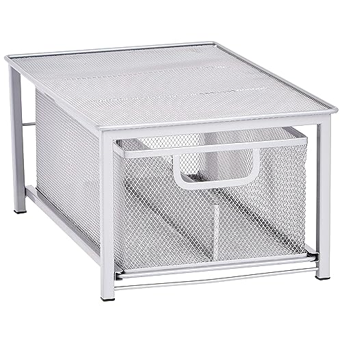 amazon basics Mesh Sliding Basket Drawer Storage Shelf Organizer, Silver, Stainless Steel