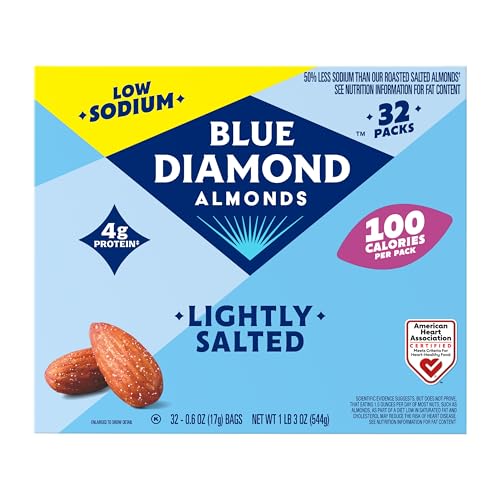 Blue Diamond Almonds Low Sodium Lightly Salted Snack Nuts, 100 Calorie Packs, 0.6 Ounce (Pack of 32)