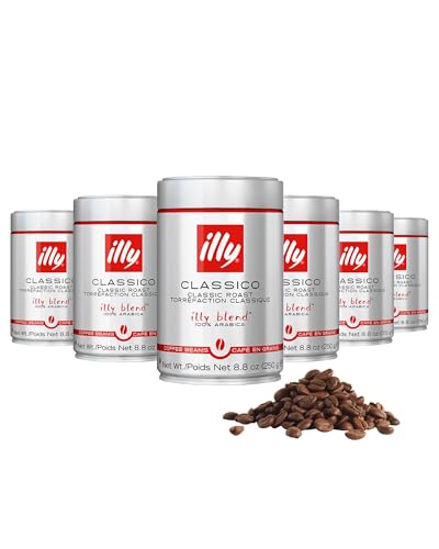 Illy Whole Bean Coffee, Classico Medium Roast - Mild & Balanced - 100% Arabica - Whole Beans - Pressurized Packaging Sealed for Freshness - 8.8oz can (Pack of 6)