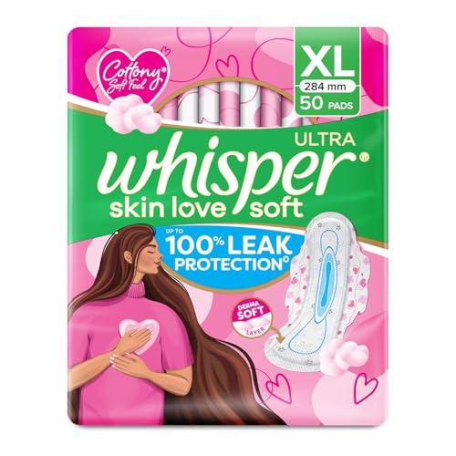 Whisper Ultra Skin Love Soft Sanitary Pads for Women, XL 50 Pads, Cottony Soft Feel, Upto 100% Leak* Protection, Disposable Wrapper, Locks Odour & Wet
