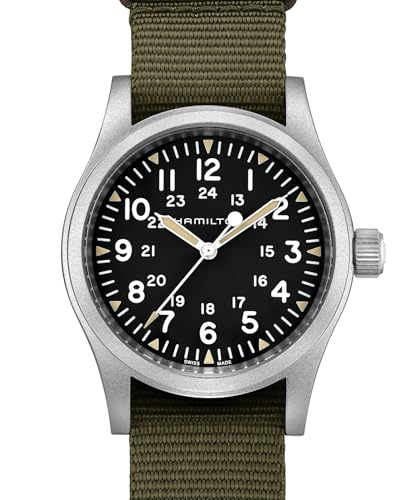 Hamilton Watch Khaki Field Mechanical 38mm | Swiss Made | 38mm Stainless Steel Case | Black Dial Analog Watch | Green Textile NATO Strap (Model: H69439931)