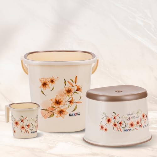 Plastic Sqr DLX 3 Pcs Bathroom Set | Bucket 18 L + Mug 1.5 L + 508 DLX Stool | Bathroom Set | Bath Set for Bathroom | Off - White