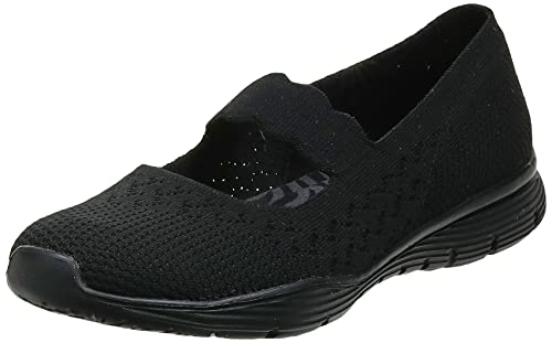 Skechers Women's Seager-Power Hitter-Engineered Knit Mary Jane Flat, Black/Black, 9