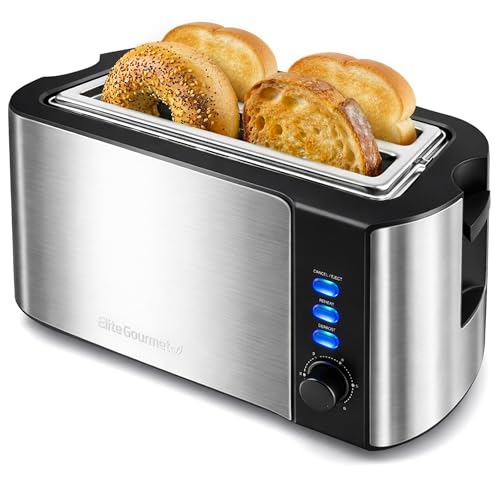 Elite Gourmet ECT-3100 Long Slot 4 Slice Toaster, Reheat, 6 Toast Settings, Defrost, Cancel Functions, Built-in Warming Rack, Extra Wide Slots for Bagels & Waffles, Stainless Steel & Black