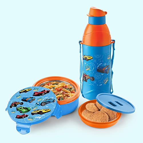 CELLO Tiffy Hotwheelz Gift Set Insulated Lunch Box & Water Bottle for Kids | Tiffin Box 460 ml, Water Bottle 400 ml, Blue & Orange | Leak Proof | Easy